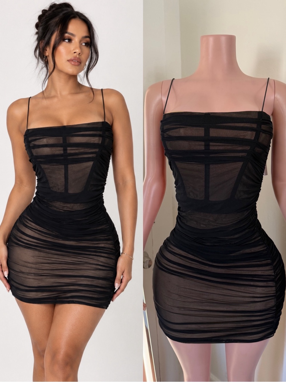 Black Mesh Ruched Bodycon Dress with Spaghetti Straps